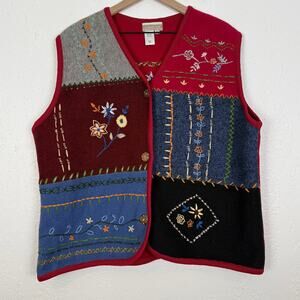 Coldwater Creek Wool Embroidered Patchwork Sweater Vest Grannycore Size 2X